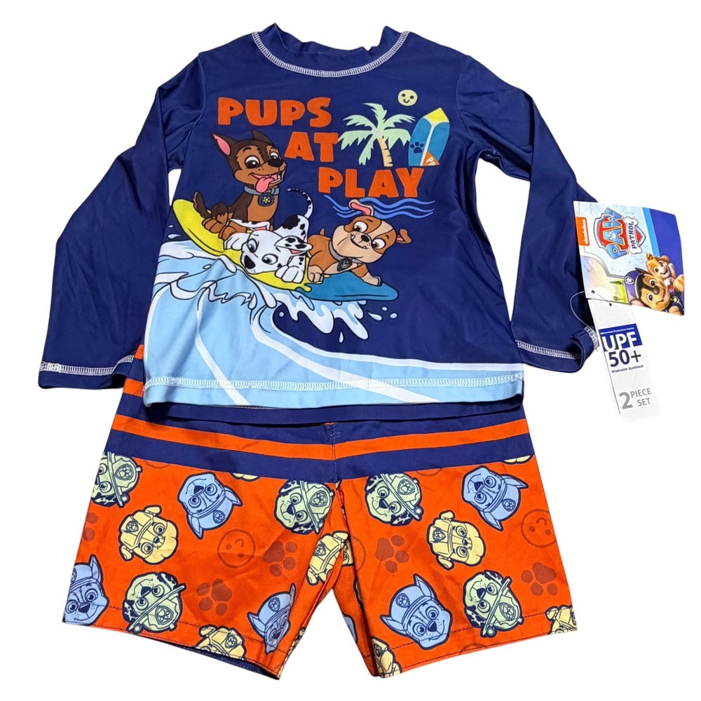 Nickelodeon Paw Patrol Boys 2-Piece Rash Guard Swim Trunks Set Blue Orange 3T